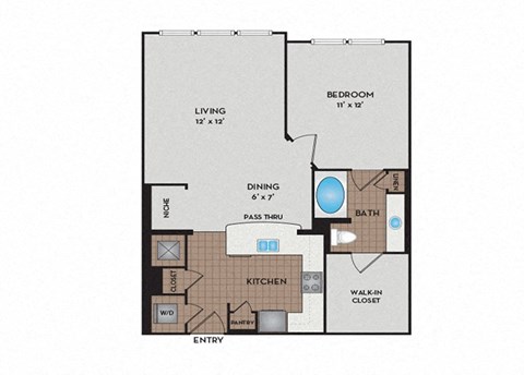 Floor plan for 1 bed, 1 bath, 764 sqft